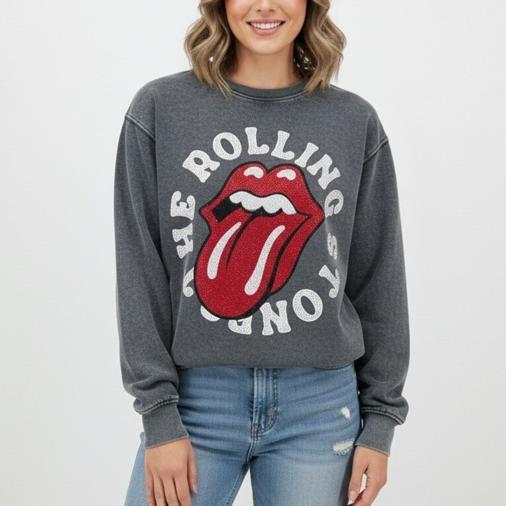 Zara Rolling Stones Graphic Sweatshirt Charcoal Gray Rhinestone Crewneck 13/14‎